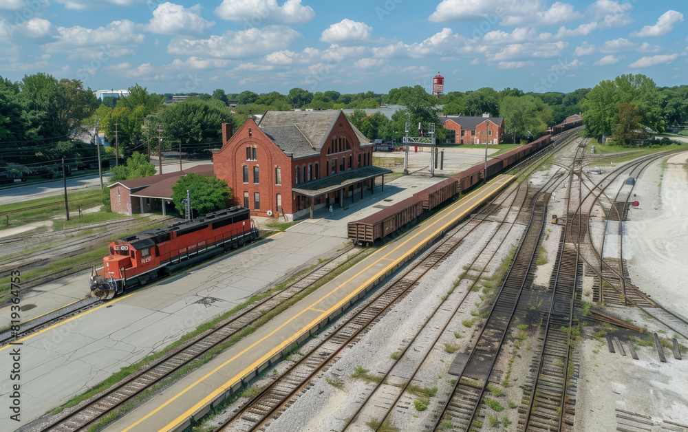 Obraz premium Overlooking a small-town train depot, the image highlights the convergence of multiple rail lines and transport activity.