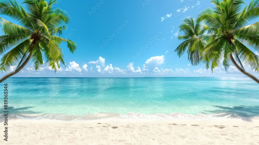 A stunning tropical beach scene featuring two lush palm trees framing the crystal-clear turquoise waters of the ocean.