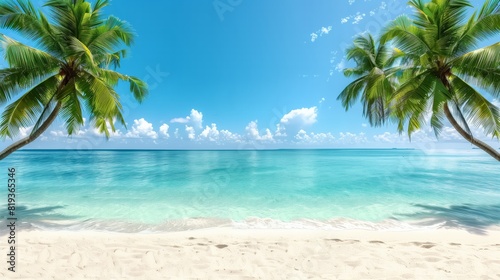 A stunning tropical beach scene featuring two lush palm trees framing the crystal-clear turquoise waters of the ocean.