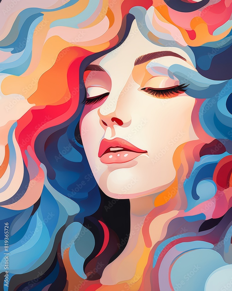 A beautiful woman in minimal abstract memphis flat illustration style,pastel blue and red