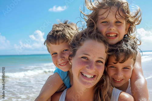Mom, piggyback kids and portrait at beach holiday, summer vacation and ocean relax together for fun, freedom and quality time in Australia. Happy mothers day, excited boy children and sunshine sea © Esha