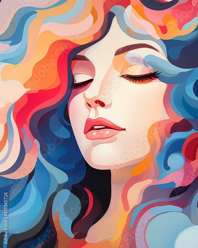 A beautiful woman in minimal abstract memphis flat illustration style pastel blue and red
