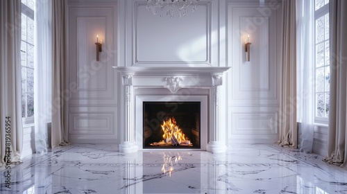 luxury fire place with marble flooring of interior. fireplace fire marble heat winter background realistic photo