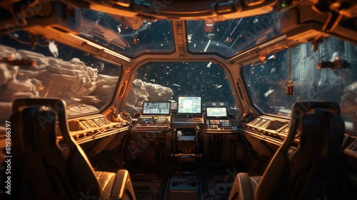Futuristic spaceship cockpit interior with a view of space station and stars. A large spaceship window show view of space and modern cockpit with control panel with glowing light. Technology. AIG35.