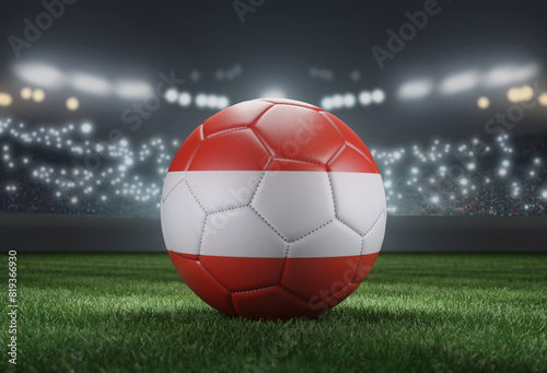 Soccer ball in flag colors on a bright blurred stadium background. Austria. 3D image