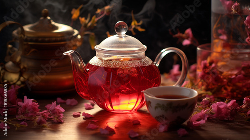 Aromatic Red Tea in a Rustic Teacup with Steam Rising: A Serene Moment Captured in the Gentle Glow of Morning Light, Perfect for Tea Enthusiasts and Lovers of Cozy Morning