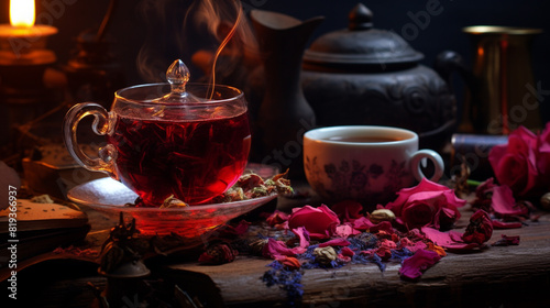 Aromatic Red Tea in a Rustic Teacup with Steam Rising: A Serene Moment Captured in the Gentle Glow of Morning Light, Perfect for Tea Enthusiasts and Lovers of Cozy Morning