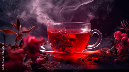 Aromatic Red Tea in a Rustic Teacup with Steam Rising: A Serene Moment Captured in the Gentle Glow of Morning Light, Perfect for Tea Enthusiasts and Lovers of Cozy Morning