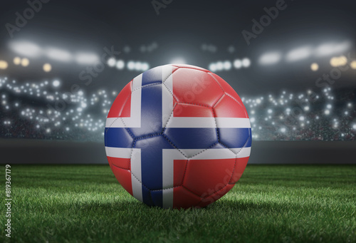 Soccer ball in flag colors on a bright blurred stadium background. Norway. 3D image