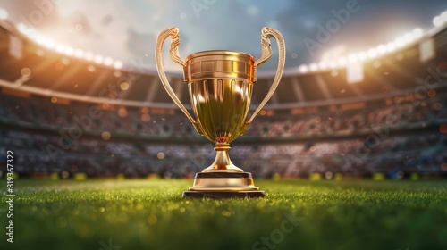 Magnificent winner cup in the stadium, theme of victory, competition. realistic