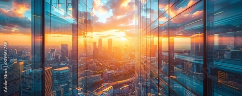 Wallpaper Mural A modern skyscraper with a glass facade reflecting the bustling cityscape around it during sunset Torontodigital.ca