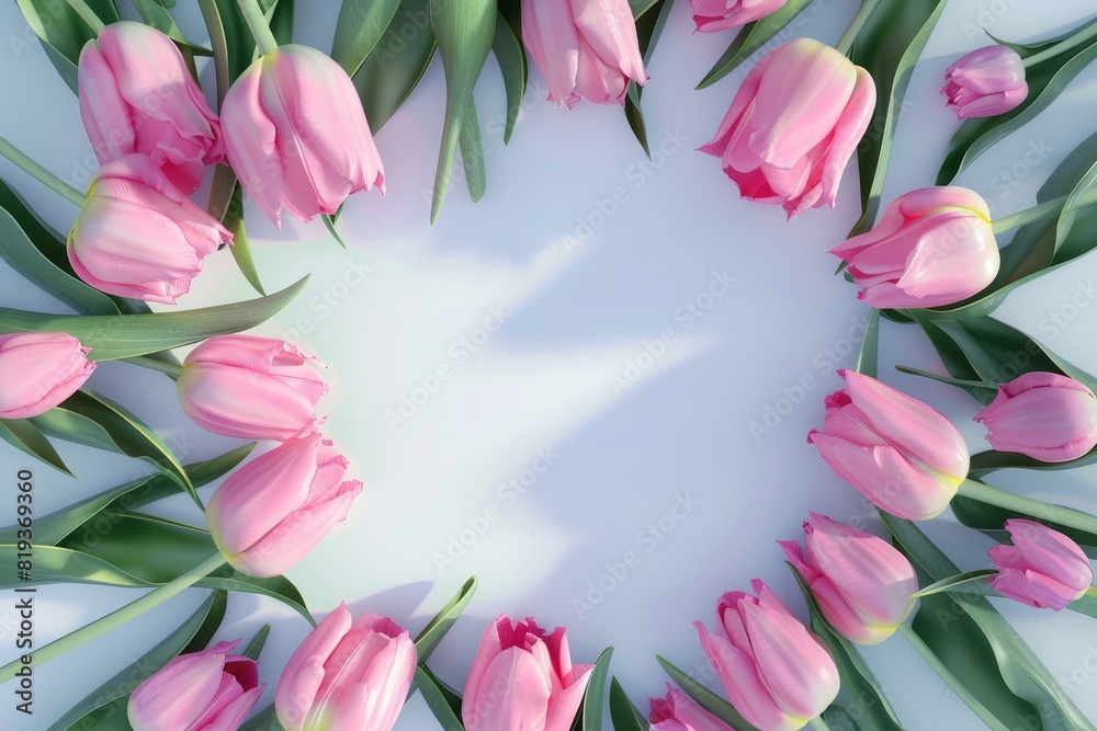 frame for march 8, center is empty, blank copy space, surrounded by pink tulips