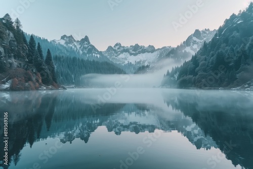 A serene and picturesque view of a misty lake surrounded by lush evergreen trees and majestic snow-capped mountains. 