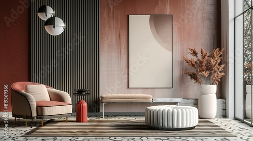 Mock up poster frame in a modern Art Deco style living room interior, 3D render, 3D illustration.