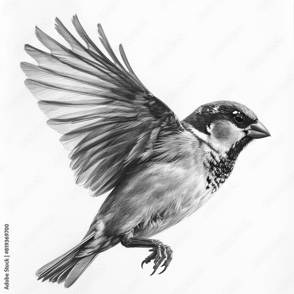 Obraz premium House Sparrow Bird Pencil Sketch Hand Drawn Black and White Depiction of Passer Domesticus on a Blank White Background