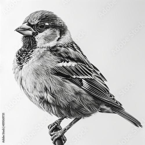 House Sparrow Bird Pencil Sketch Hand Drawn Black and White Depiction of Passer Domesticus on a Blank White Background
