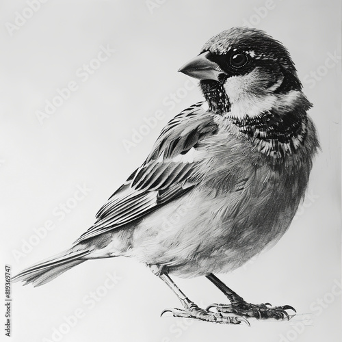 House Sparrow Bird Pencil Sketch Hand Drawn Black and White Depiction of Passer Domesticus on a Blank White Background