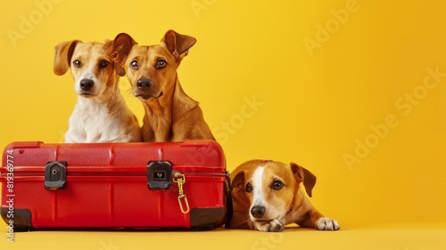 funny brown labrador retriever sitting in open red suitcase and Jack Russell Terrier laying near on the floor waiting to travel fotorealistic on a yellow background