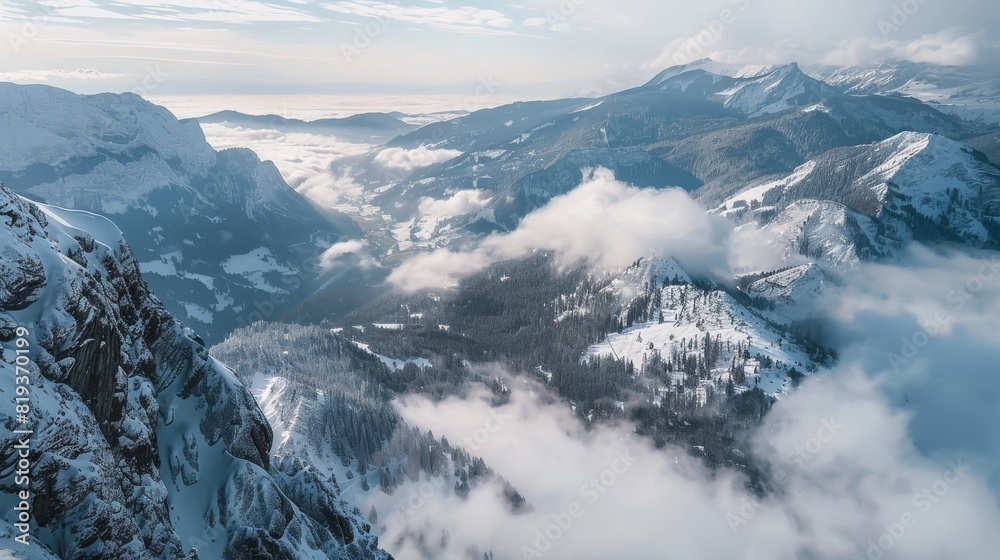 Hazy winter mountain panorama from cable car station above Dachstein, Austria