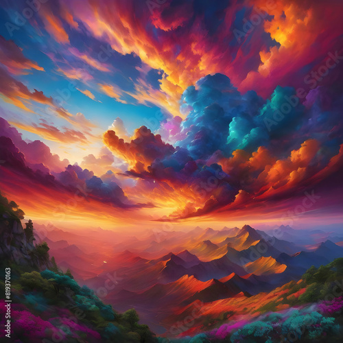 A vibrant and diverse array of colored clouds swirl and dance in the sky, creating a mesmerizing and ever-changing landscape.