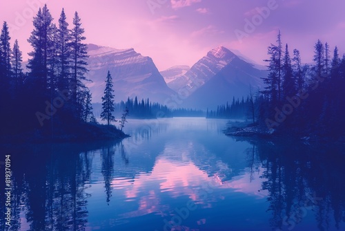 A tranquil mountain lake enveloped in a serene mist at dawn. The scene features towering pine trees along the shoreline, with majestic mountains in the background. photo