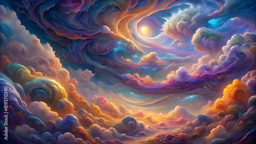 A vibrant and diverse array of colored clouds swirl and dance in the sky, creating a mesmerizing and ever-changing landscape.