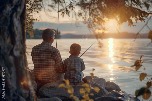 Side view portrait of father and son sitting together on rocks fishing with rods in calm lake waters with landscape of setting sun, both wearing checkered shirts, shot from behind tree photo