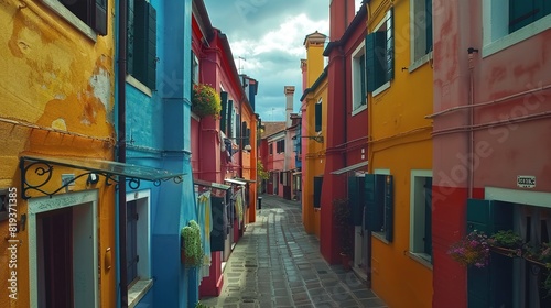 Cloudy view of the streets of Burano island, famous Venice landmark, Veneto region, Italy.