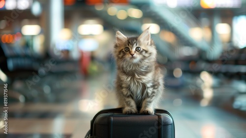 kitten with luggage at airport bording photo