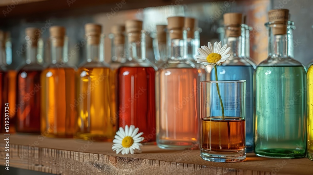 A shelf featuring whiskey bottles filled with colored sand, with a plain glass in the foreground holding a single daisy A shelf featuring whiskey bottles filled with colored sand, with a plain glass in the foreground holding a single daisy