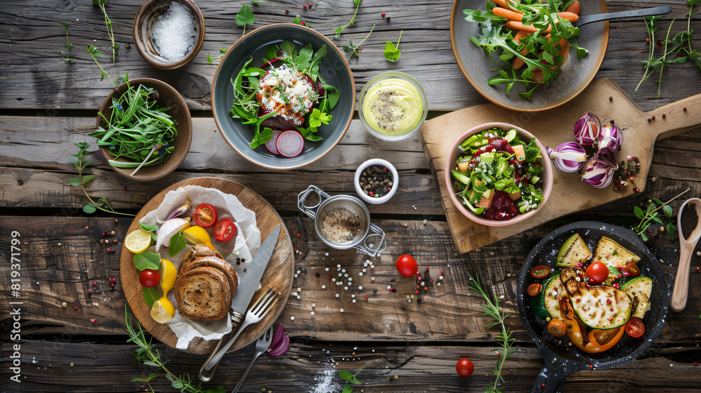 A top-down view of a beautifully arranged gourmet meal on a rustic wooden table. The meal should include a variety of colorful and appetizing dishes, such as a fresh salad, a main course with vibrant 