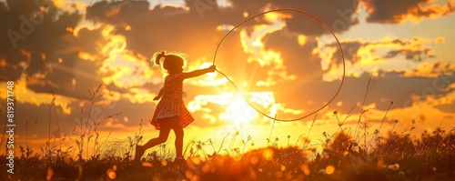 A silhouette of a child jumping rope, with the setting sun creating a warm backlight photo