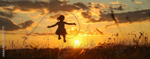 A silhouette of a child jumping rope  with the setting sun creating a warm backlight