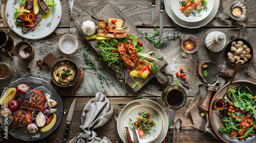 A top-down view of a beautifully arranged gourmet meal on a rustic wooden table. The meal should include a variety of colorful and appetizing dishes, such as a fresh salad, a main course with vibrant 