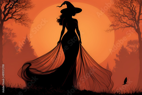 Enter a spooky illustration where a Halloween witch stands, silhouetted against an eerie backlight, adding an air of mystery and enchantment