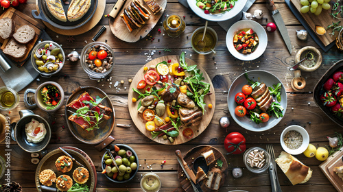 A top-down view of a beautifully arranged gourmet meal on a rustic wooden table. The meal should include a variety of colorful and appetizing dishes, such as a fresh salad, a main course with vibrant  photo
