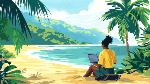 A digital nomad working remotely from an exotic location. The scene should include a person with a laptop sitting by a beach or a mountain view, emphasizing the freedom and flexibility of remote work.