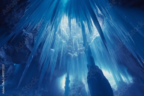A breathtaking view of an ice cave showcasing majestic, elongated icicles hanging from the ceiling. The cave's interior glows with an ethereal blue light, creating a serene and otherworldly atmosphere