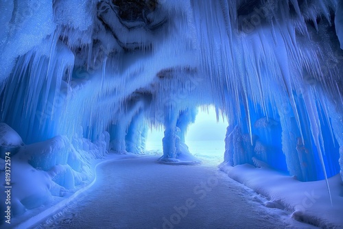 A breathtaking ice cave featuring an array of sharp, elongated icicles hanging from the ceiling. The cave interior is illuminated by a soft, ethereal blue light, creating a serene. photo