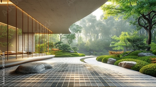 minimalist, ultra realistic photo of a large open courtyard with tiny white mesh grid tiles and a concrete floor in the style of a Japanese zen garden