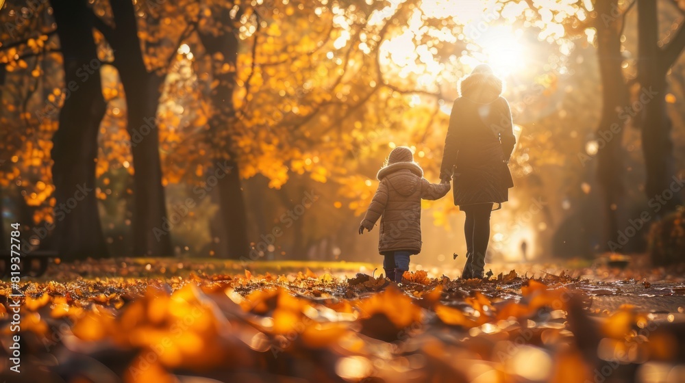 Mother with child walking through a vibrant autumn park, leaves in various shades of orange	

