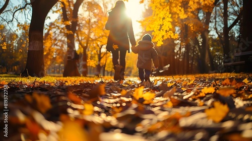 Mother with child walking through a vibrant autumn park, leaves in various shades of orange 