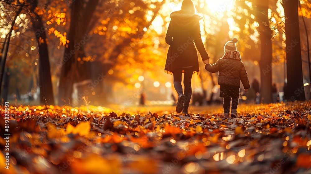 Mother with child walking through a vibrant autumn park, leaves in various shades of orange	
