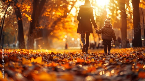 Mother with child walking through a vibrant autumn park  leaves in various shades of orange  
