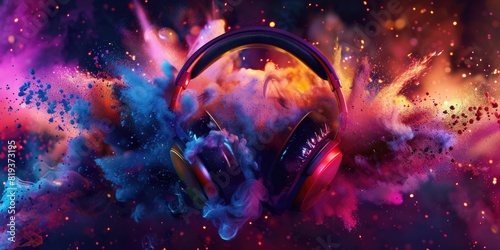 Stereo headphones exploding in festive colorful splash, dust and smoke with vibrant light effects on loud music sound © Vladyslav  Andrukhiv