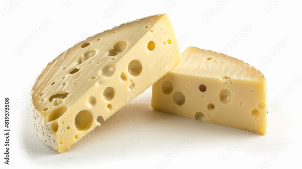 Photo of delicious Emmenthal cheese, cut in half with holes visible inside on a white background Photo of delicious Emmenthal cheese, cut in half with holes visible inside on a white background