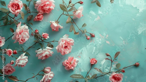 photo of light mint green background with some pink English roses on top side