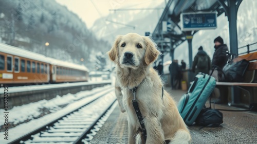 puppy golden retriever light color, in trainstation in fjords with lot of people photo