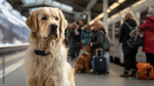 puppy golden retriever light color, in trainstation in fjords with lot of people