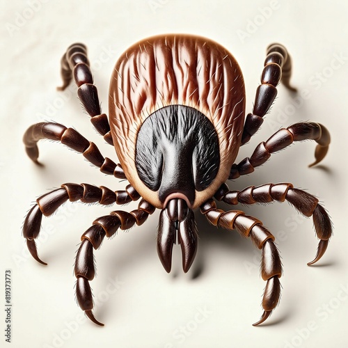 Close-up View of a Tick: Body Texture and Anatomy. Segmented Legs and Distinctive Carapace. Tick’s Sharp Mouthparts and Fine Hairs. Physical Traits of This Common Parasite. Generative AI photo